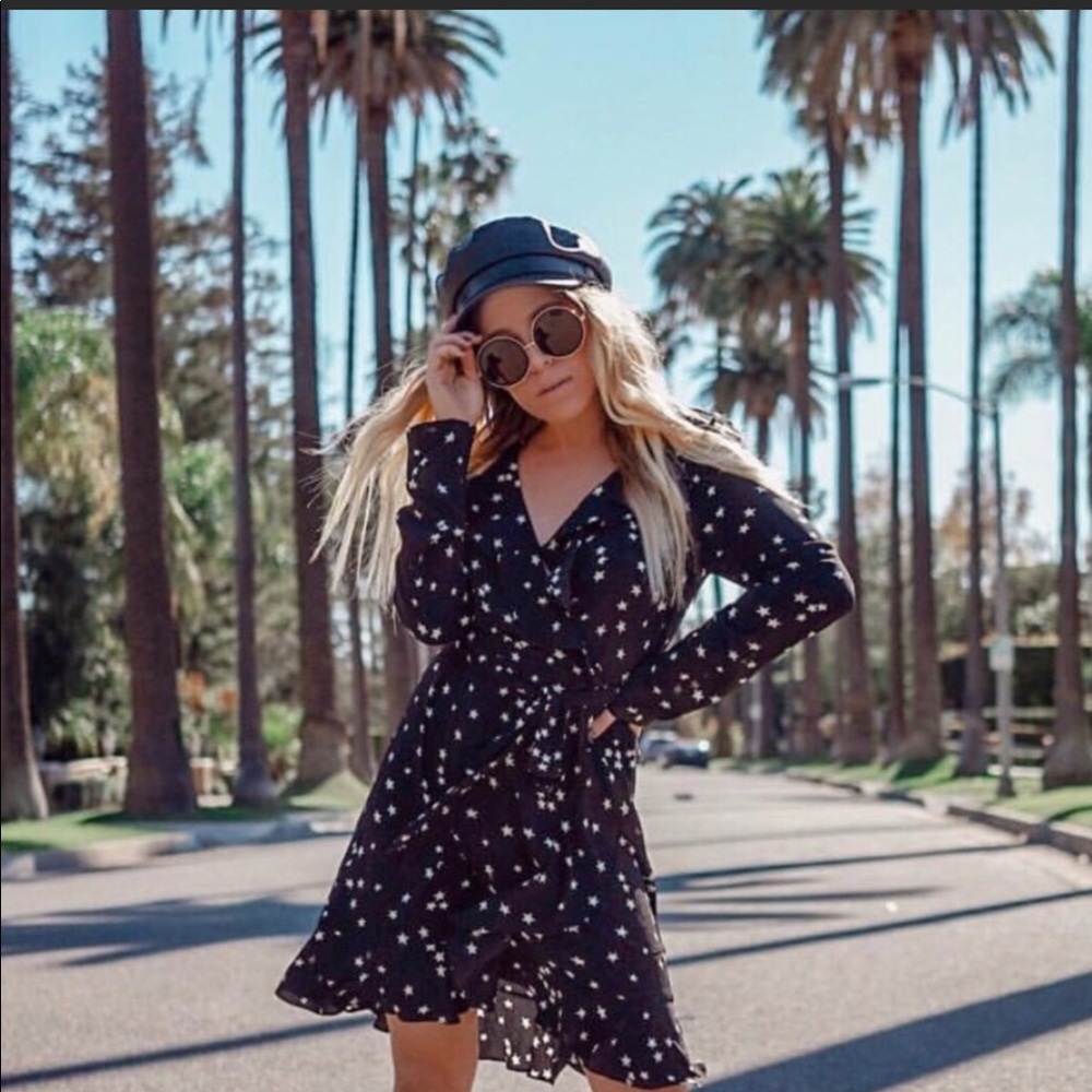 Lucy Paris faux wrap dress black white stars XS